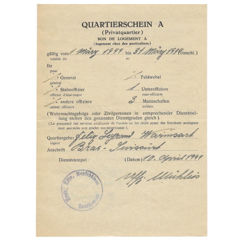 Duits Document - Quartierschein A (Inkwartiering) - 1944 II, Collections, Objets militaires | Seconde Guerre mondiale, Armée de terre