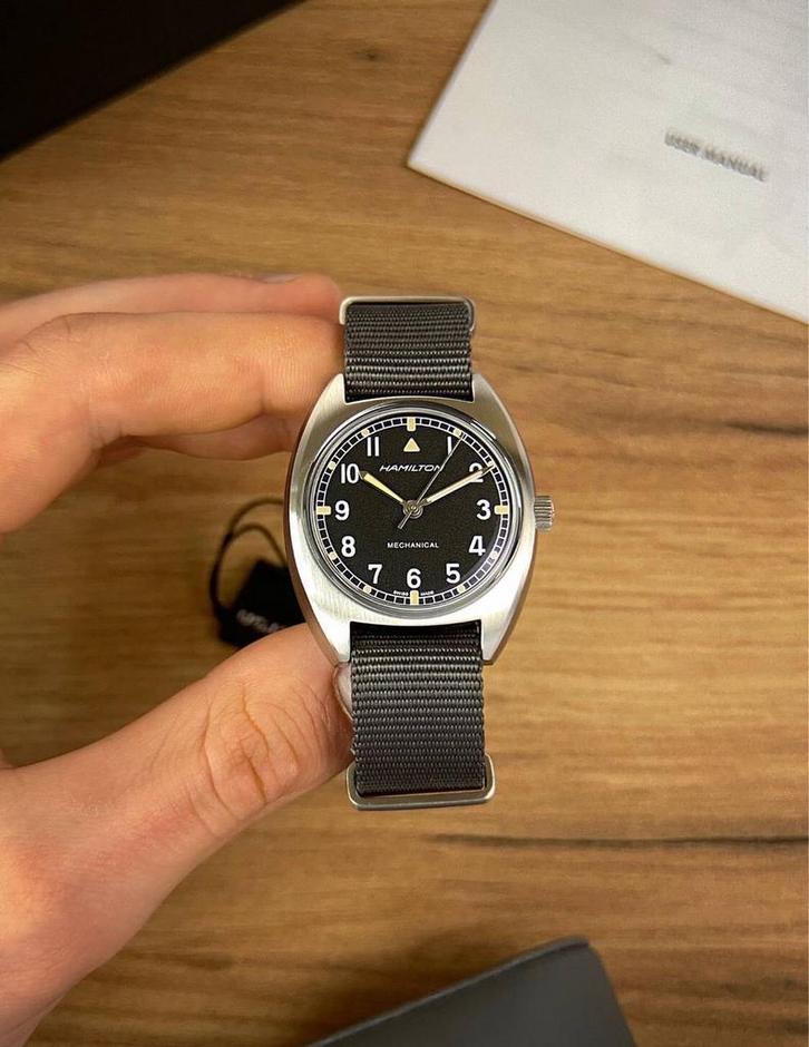 Hamilton Khaki Aviation Pilot Pioneer mechanisch H76419931, Handtassen en Accessoires, Horloges | Heren, Zo goed als nieuw, Staal