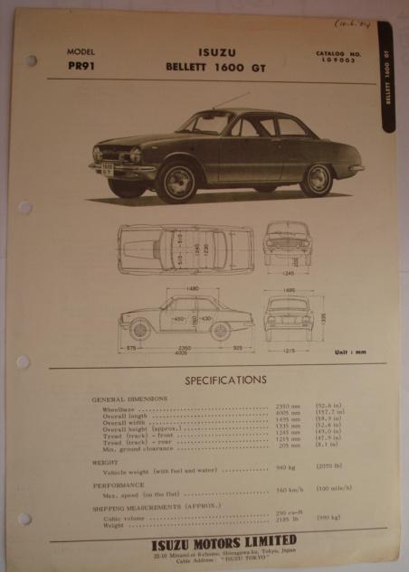 Isuzu Bellett 1600 GT PR91 Spec sheet 1968 LG9003, Boeken, Auto's | Folders en Tijdschriften, Gelezen, Overige merken, Verzenden