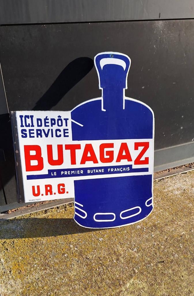 Vintage dubbelzijdig emaille reclamebord van Butagaz., Ophalen of Verzenden, Gebruikt, Reclamebord