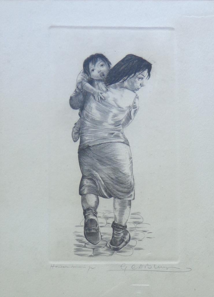 GUSTAAF DE BRUYNE / HAVENMEISJE / ZW-W ETS / 58x48cm KADER, Ophalen of Verzenden