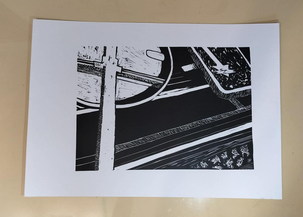 Handgedrukte linosnede 2/3 A2 formaat, Antiek en Kunst, Kunst | Litho's en Zeefdrukken, Ophalen of Verzenden