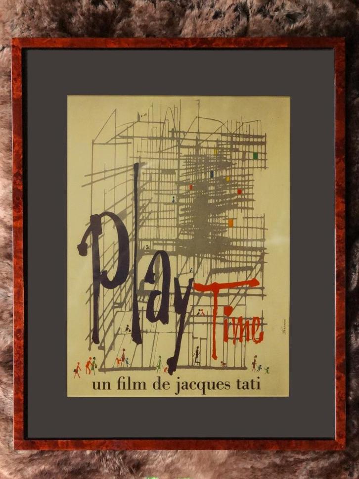 Ingelijste filmaffiche Jacques Tati Playtime 1967, Verzamelen, Posters, Zo goed als nieuw, Film en Tv, A4 of kleiner, Rechthoekig Staand
