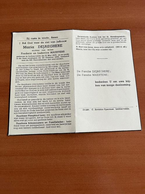 Rouwkaart M. Dejaeghere  Lichtervelde 1879 + 1952, Collections, Images pieuses & Faire-part, Carte de condoléances, Enlèvement ou Envoi