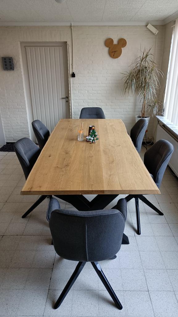 Boomstamtafel + 6 stoelen – Eik & Design, Huis en Inrichting, Tafels | Eettafels, Gebruikt, Eikenhout, Metaal, Ophalen