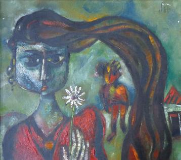 JOEL KASS / DAME MET BLOEM / OLIEVERF DOEK / 55x61cm / KADER beschikbaar voor biedingen