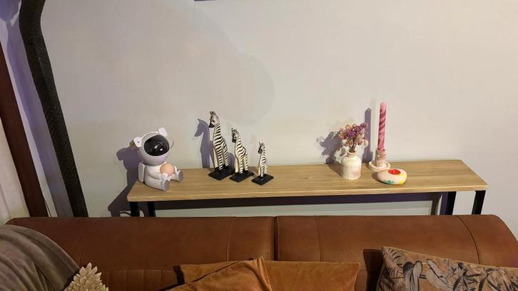 Industriële sidetable eiken-kleur blad, Huis en Inrichting, Tafels | Bijzettafels, Zo goed als nieuw, Rechthoekig, 60 cm of meer