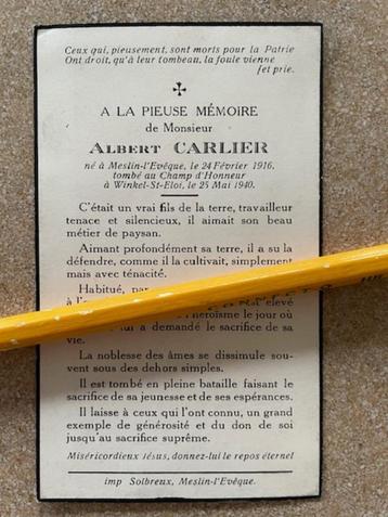 OORLOGSLACHTOFFER MEI 1940 SOLDAAT ALBERT CARLIER 1916 beschikbaar voor biedingen
