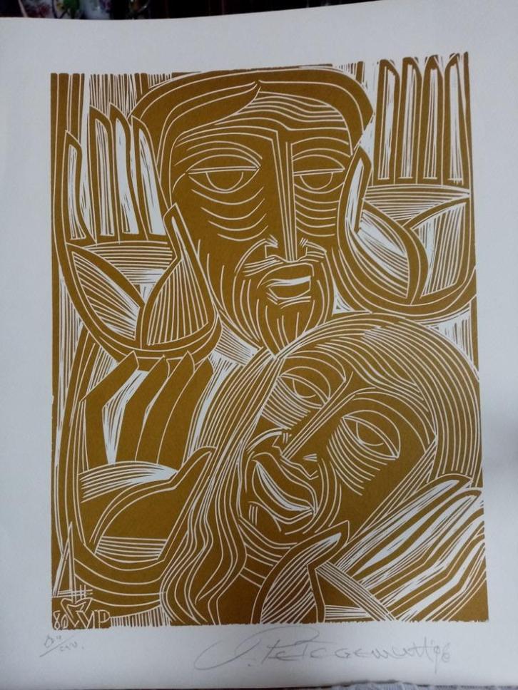 Linosnede van de Nederlandse grafisch ontwerper Wim Van Pete, Antiek en Kunst, Kunst | Etsen en Gravures, Ophalen