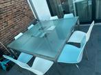 Glazen tafel 1,4m vierkant + stoelen, Tuin en Terras, Tuintafels, Ophalen, Vierkant
