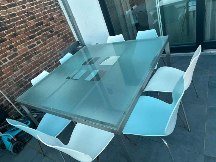 Table carrée en verre de 1,4 m + chaises, Jardin & Terrasse, Tables de jardin, Carré, Enlèvement