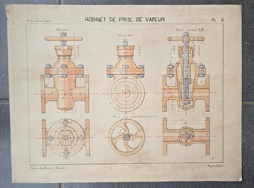 Industriële technische tekening met de hand uitgevoerd., Antiek en Kunst, Antiek | Schoolplaten