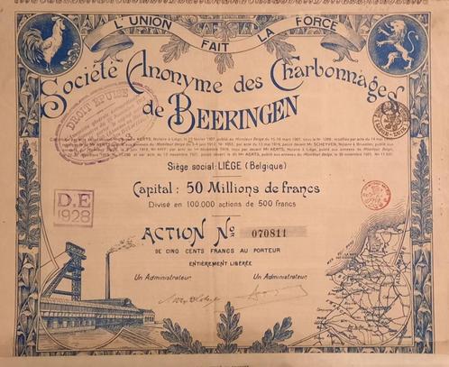 S.A. Des Charbonnages de Beeringen - action - 1921, Postzegels en Munten, Aandelen en Waardepapieren, Aandeel, 1920 tot 1950, Ophalen of Verzenden