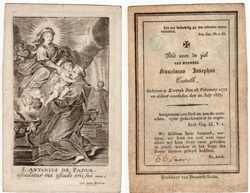 Kopergravure/doodsprentje A VAN PADUA. F. CATULLE 1771-1837, Verzamelen, Bidprentjes en Rouwkaarten, Bidprentje, Ophalen of Verzenden