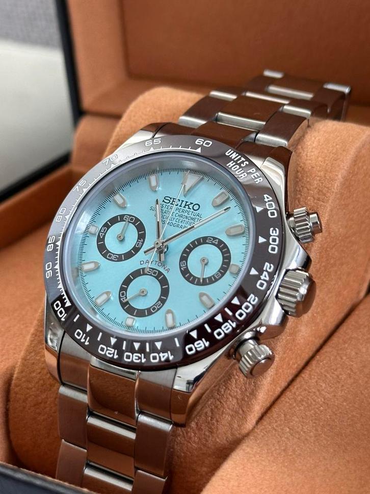 Seiko daytona blauw 41mm - chronograaf, Handtassen en Accessoires, Horloges | Heren, Zo goed als nieuw, Polshorloge, Seiko, Staal