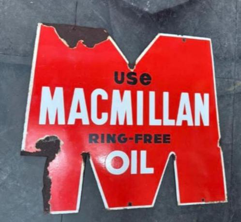 Use Macmillan ring free oil emaillen reclame bord olie, Verzamelen, Merken en Reclamevoorwerpen, Gebruikt, Reclamebord, Ophalen of Verzenden