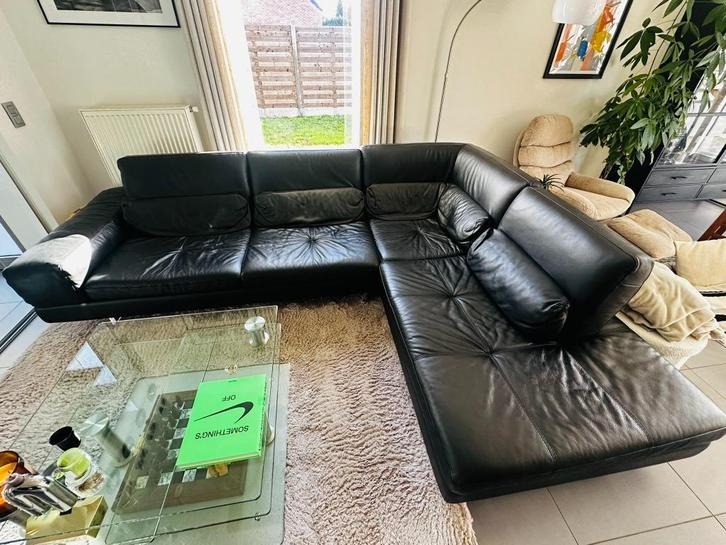 Zwart lederen hoekzetel, Huis en Inrichting, Zetels | Zetels, Zo goed als nieuw, Hoekbank, Vierpersoons of meer, 300 cm of meer