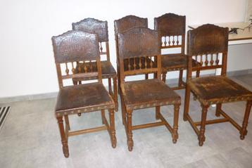 Lot de 6 chaises Henri II anciennes en chêne et cuir beschikbaar voor biedingen