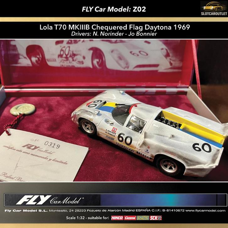 Z02 Fly Lola T70MKIIIB Chequered Flag Daytona 1969 Lim. Ed‼️, Kinderen en Baby's, Speelgoed | Racebanen, Nieuw, Elektrisch, Verzenden
