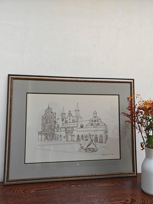 Tekening Stadhuis Mechelen met Opsinjoorke in Art Deco stijl, Antiek en Kunst, Kunst | Tekeningen en Fotografie, Ophalen