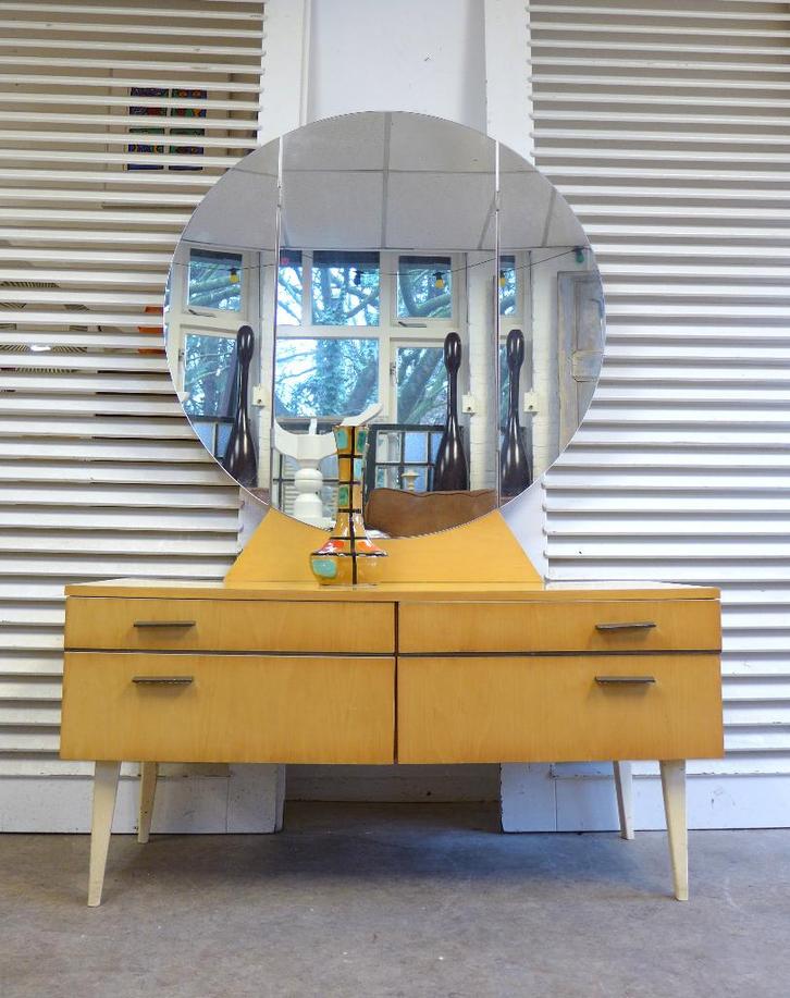 Prachtige vintage retro kaptafel kast met ronde spiegel, Maison & Meubles, Tables | Coiffeuses, Comme neuf, Moins de 100 cm, 100 à 150 cm