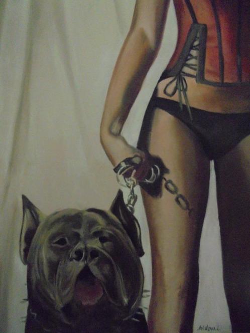 olieschilderij vrouw/pitbull (60x80 cm), Antiek en Kunst, Kunst | Schilderijen | Klassiek, Ophalen of Verzenden