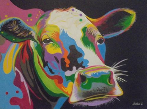olieschilderij popart koe (60x80 cm), Antiek en Kunst, Kunst | Schilderijen | Modern, Ophalen of Verzenden
