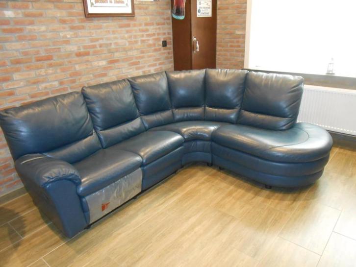 Hoeksalon blauw leder, zo goed als in nieuwestaat., Huis en Inrichting, Zetels | Complete zithoeken, Zo goed als nieuw, Leer, Ophalen