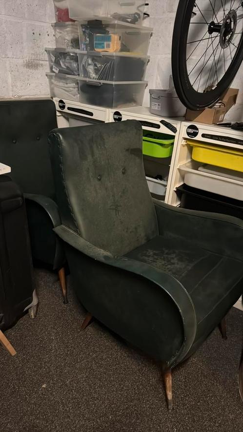 Vintage fauteuils – retro charme in donkergroen, Huis en Inrichting, Fauteuils, Zo goed als nieuw, Stof, Ophalen
