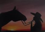 peinture à l'huile Cowgirl au coucher du soleil (50x70cm), Antiquités & Art, Enlèvement ou Envoi