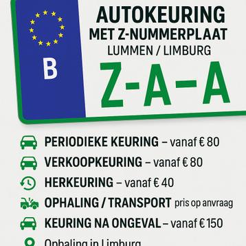  Autokeuring Z-nummerplaat • Keuring verkoop • Herkeuring  beschikbaar voor biedingen