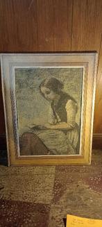 Vintage borduurwerk lezende vrouw, brugge, 44x58, n291, Hobby en Vrije tijd, Borduren en Borduurmachines, Ophalen of Verzenden