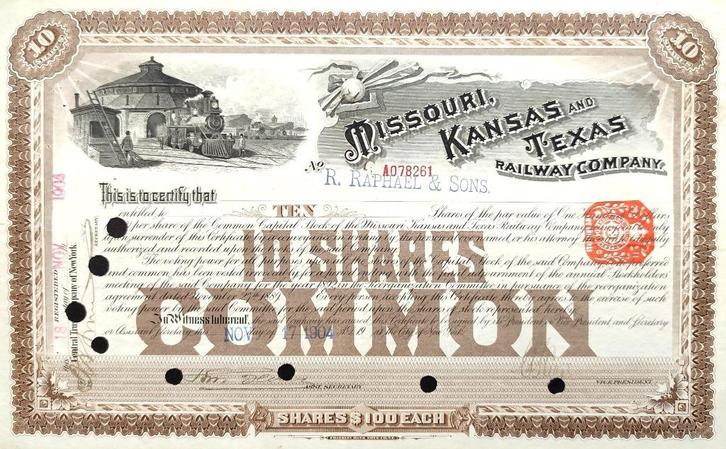 Missouri,Kansas & Texas Railway Company 1904, Postzegels en Munten, Aandelen en Waardepapieren, Certificaat van aandeel, Voor 1920