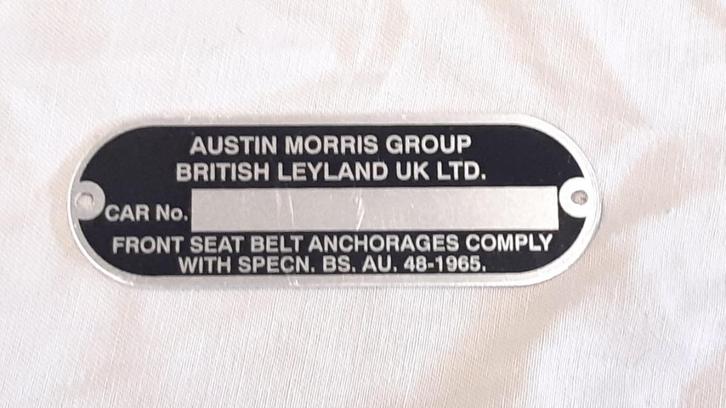 Austin Morris Chassis Identificatieplaatje Klassieke Mini, Auto-onderdelen, Klein materiaal, Mini, Oldtimer onderdelen, Rover