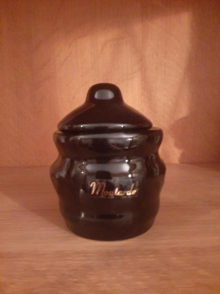 Vintage mosterdpotje met scheplepel – in zwart keramiek, Huis en Inrichting, Keuken | Potten en Pannen, Zo goed als nieuw, Ophalen of Verzenden