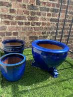 Pots de fleurs émaillés bleus, Jardin & Terrasse, Pots de fleurs, Comme neuf, 25 à 40 cm, Jardin, Rond
