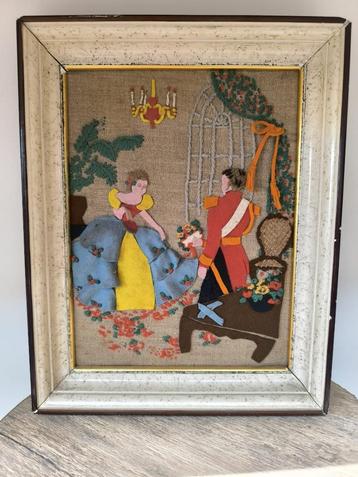 Vintage handgemaakt textielkunstwerk – romantisch tafereel i beschikbaar voor biedingen