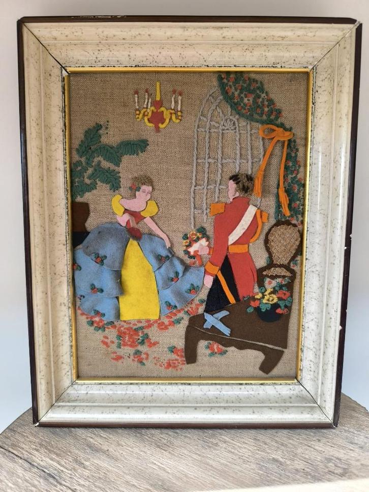 Vintage handgemaakt textielkunstwerk – romantisch tafereel i, Antiek en Kunst, Kunst | Overige Kunst, Ophalen