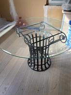 Ronde tafel van smeedijzer en glas, Huis en Inrichting, Tafels | Salontafels, Ophalen, Rond, Zo goed als nieuw, Glas