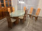 Table en verre + 8 chaises en bois/tissus, Maison & Meubles, Enlèvement, Utilisé, 6 à 8 chaises