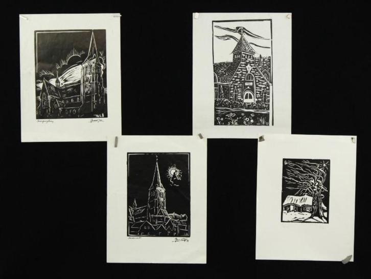 Set van 4 hout/linosnedes - Leo Broos, Antiek en Kunst, Kunst | Litho's en Zeefdrukken, Ophalen