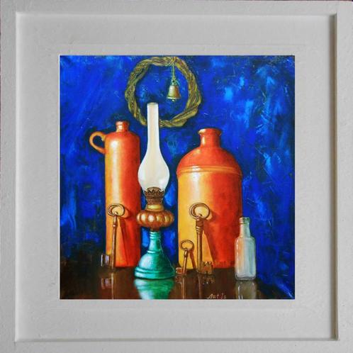 “Stilleven met flessen, sleutels en petroleumlamp” Schilderi, Antiek en Kunst, Kunst | Schilderijen | Modern, Verzenden