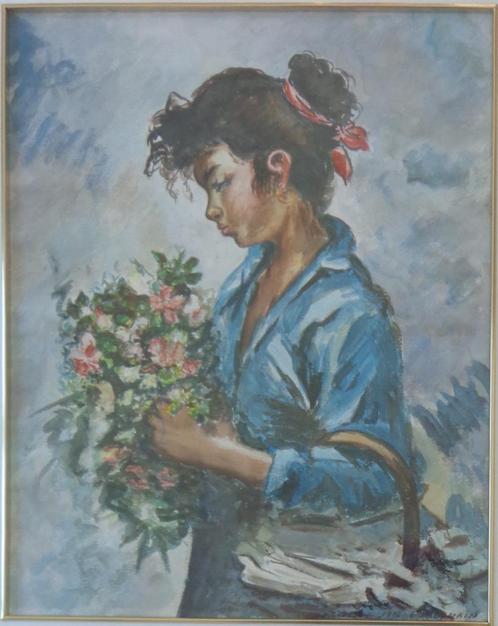 E. JACQMAIN / VROUW MET BLOEMEN / ORIGINEEL WERK / 61x52cm, Antiek en Kunst, Kunst | Schilderijen | Modern, Ophalen of Verzenden