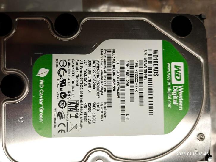 WD Caviar Green 1Tb, Computers en Software, Harde schijven, Gebruikt, Desktop, Intern, SSD, SATA, Ophalen