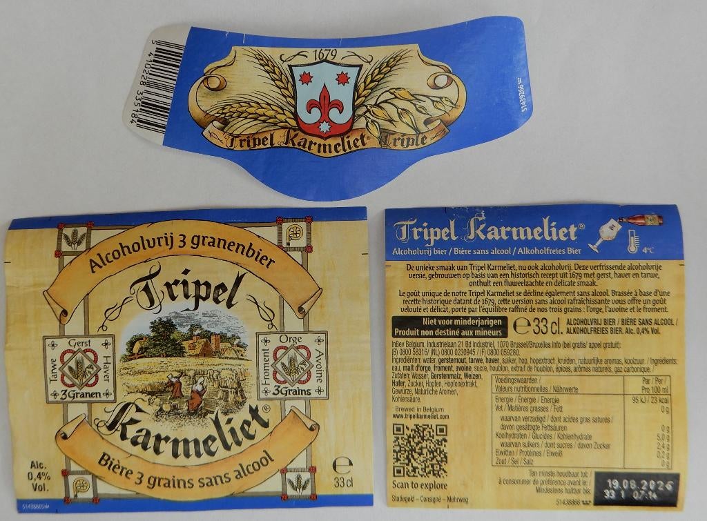 Étiquette de bière Tripel Karmeliet alc vrij Bosteels 13f6, Collections, Marques de bière, Envoi, Utilisé