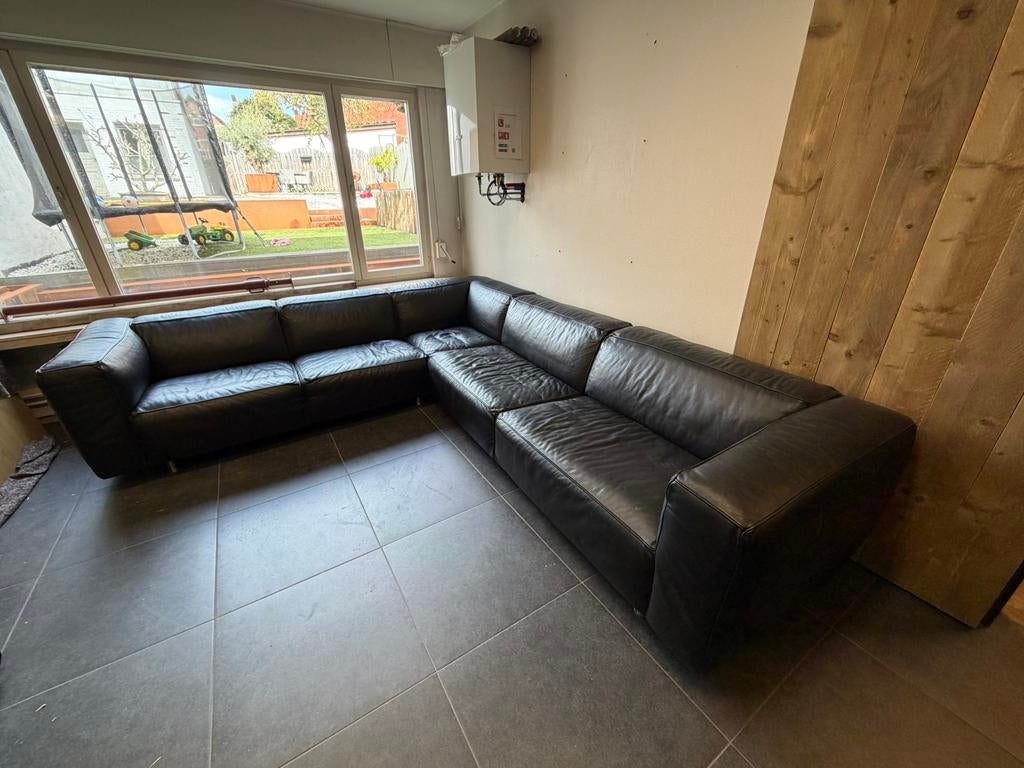 Zwart lederen Hoeksalon + poef, Ophalen, Gebruikt, Leer, Modern