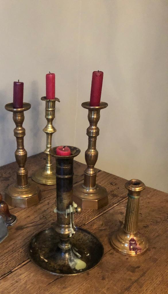 Brocante kandelaars in tin en brons per set of per stuk, Antiek en Kunst, Ophalen of Verzenden