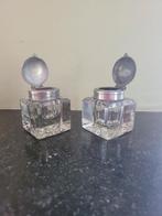 2 dikke inktpotten van glas en zilverkleurig metaal, Ophalen of Verzenden