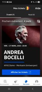 2x Billets concert Andrea Bocelli 27 mars 2026, Tickets & Billets, Deux personnes, Mars