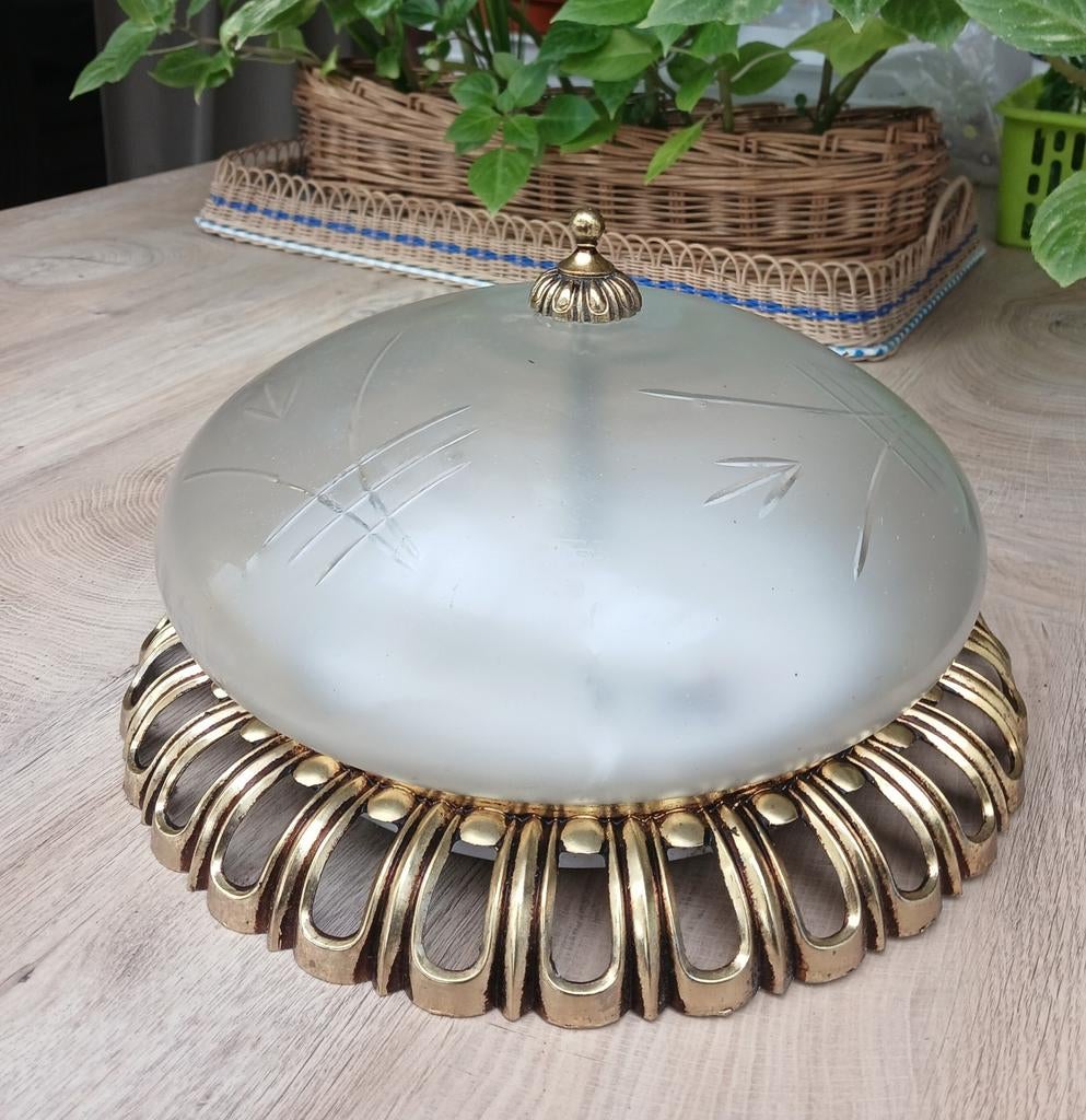 Plafonnier en laiton et verre dépoli, style Art Déco, Ophalen